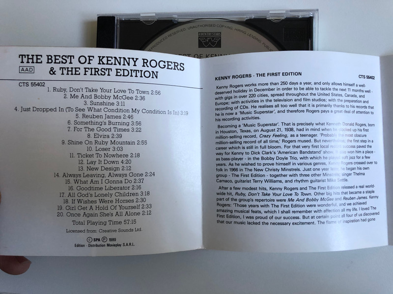 The Best Of Kenny Rogers & The First Edition / For The Good Times, Ticket To Nowhere, Reuben James, Lay It Down, If Wishes Were Horses, Loser, Once Again She's All Alone / Country Stars Audio CD 1989 Stereo / CTS 55402