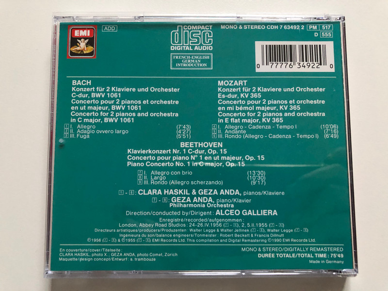 Bach, Mozart: Concertos for 2 pianos / Beethoven: Piano Concerto No. 1 in C major / Clara Haskil, Geza Anda, Philharmonia Orchestra, Alceo Galliera / EMI Audio CD 1990 Stereo, Mono / CDH 7 63492 2