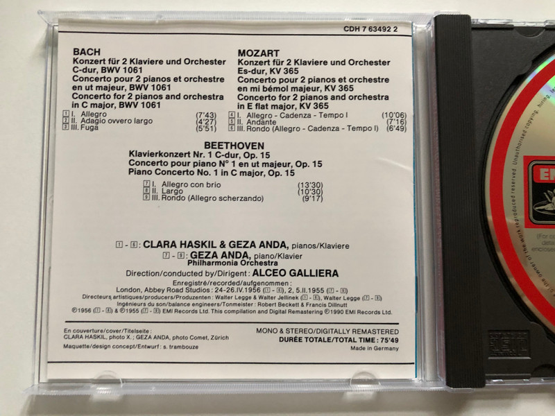 Bach, Mozart: Concertos for 2 pianos / Beethoven: Piano Concerto No. 1 in C major / Clara Haskil, Geza Anda, Philharmonia Orchestra, Alceo Galliera / EMI Audio CD 1990 Stereo, Mono / CDH 7 63492 2