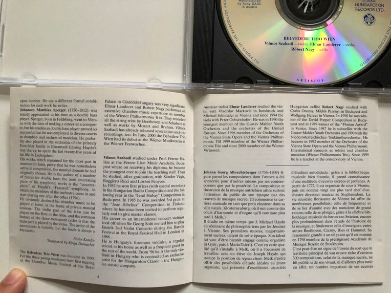 J. G. Albrechtsberger, J. M. Sperger - String Trios - Belvedere Trio Wien (Vilmos Szabadi, Elmar Landerer, Robert Nagy) / Hungaroton Classic Audio CD 2002 Stereo / HCD 32109