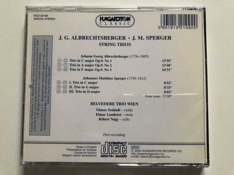 J. G. Albrechtsberger, J. M. Sperger - String Trios - Belvedere Trio Wien (Vilmos Szabadi, Elmar Landerer, Robert Nagy) / Hungaroton Classic Audio CD 2002 Stereo / HCD 32109