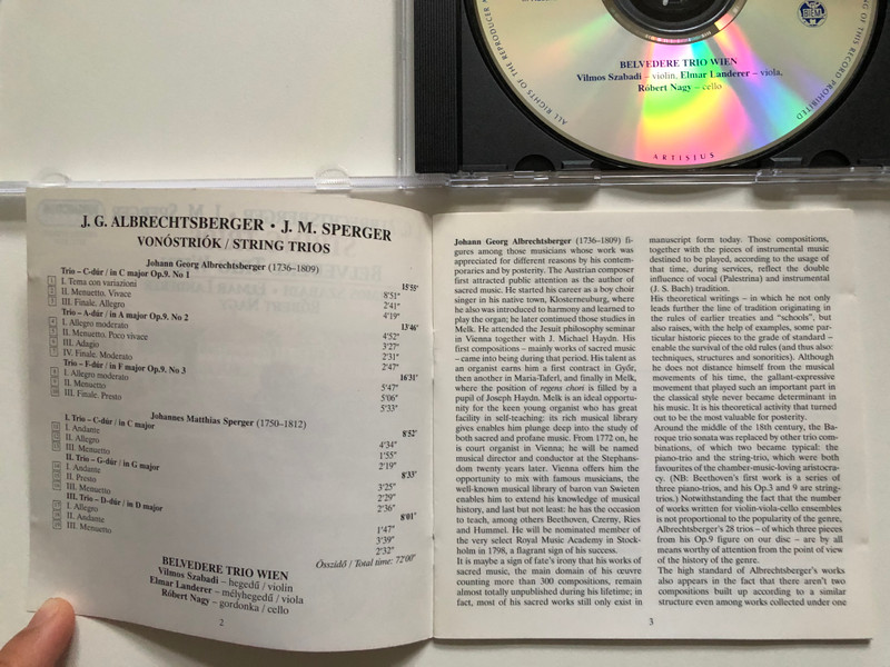 J. G. Albrechtsberger, J. M. Sperger - String Trios - Belvedere Trio Wien (Vilmos Szabadi, Elmar Landerer, Robert Nagy) / Hungaroton Classic Audio CD 2002 Stereo / HCD 32109