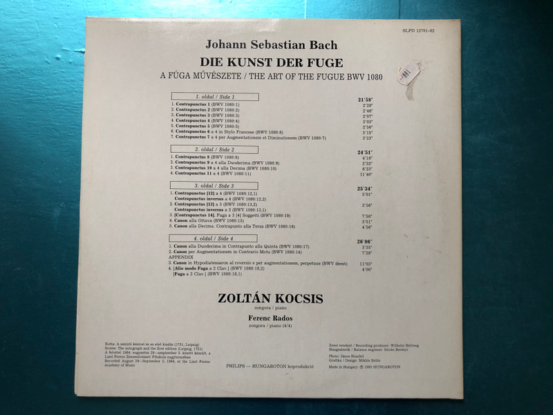 Die Kunst Der Fuge - Johann Sebastian Bach / Kocsis Zoltán – zangora / Hungaroton 2x LP 1985 Stereo / SLPD 12701-02