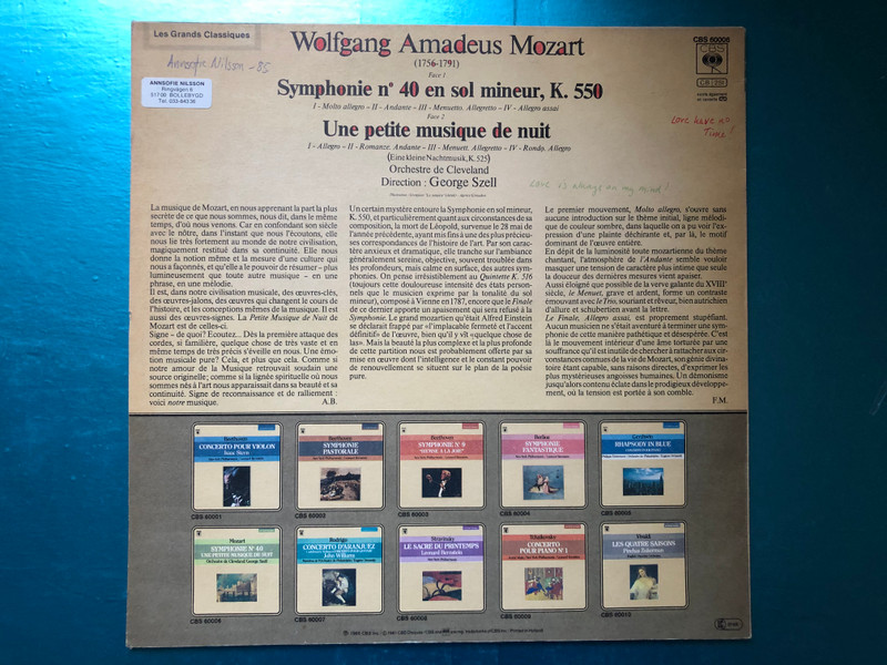 Mozart - Symphonie N° 40, Une Petite Musique De Nuit / Orchestre de Cleveland, George Szell / Les Grands Classiques / CBS LP / CBS 60006