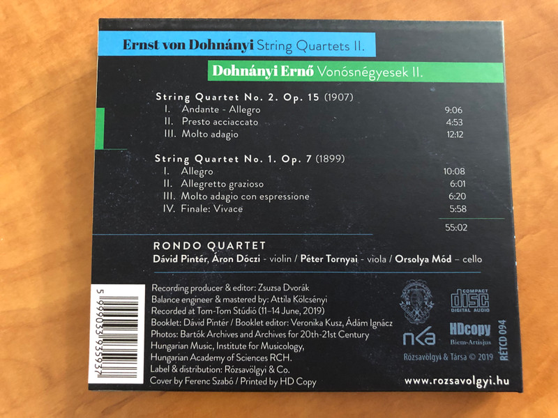 Rondo Quartet - Ernst von Dohnanyi: String Quartets II. = Dohnanyi Erno: Vonosnegyesek II. / Rózsavölgyi És Társa Audio CD 2019 / RÉTCD 094 