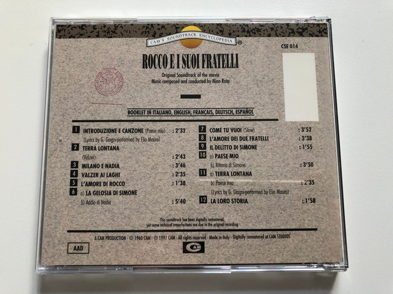 Rocco E I Suoi Fratelli / Directed by Luchino Visconti, Music composed by Nino Rota / Cam's Soundtrack Encyclopedia / CAM Audio CD 1991 Stereo / CSE 014