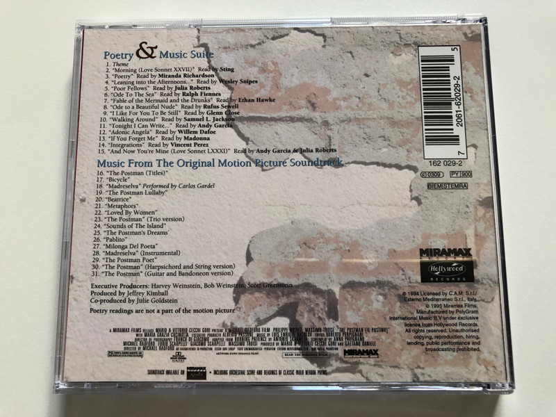 The Postman = Il Postino (Music From The Miramax Motion Picture Soundtrack) / Music composed, orchestrated and conducted by Luis Bacalov / Miramax Records Audio CD 1994 / 162 026-2