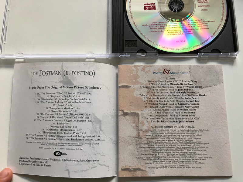 The Postman = Il Postino (Music From The Miramax Motion Picture Soundtrack) / Music composed, orchestrated and conducted by Luis Bacalov / Miramax Records Audio CD 1994 / 162 026-2