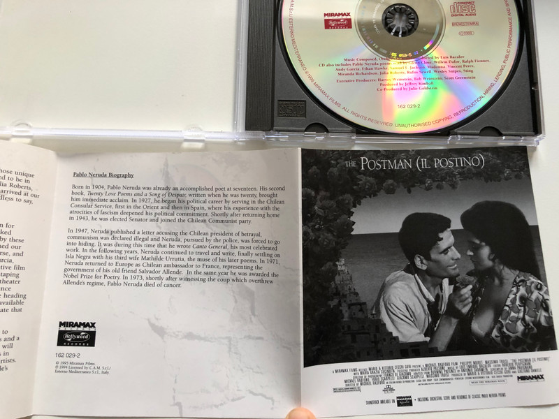The Postman = Il Postino (Music From The Miramax Motion Picture Soundtrack) / Music composed, orchestrated and conducted by Luis Bacalov / Miramax Records Audio CD 1994 / 162 026-2