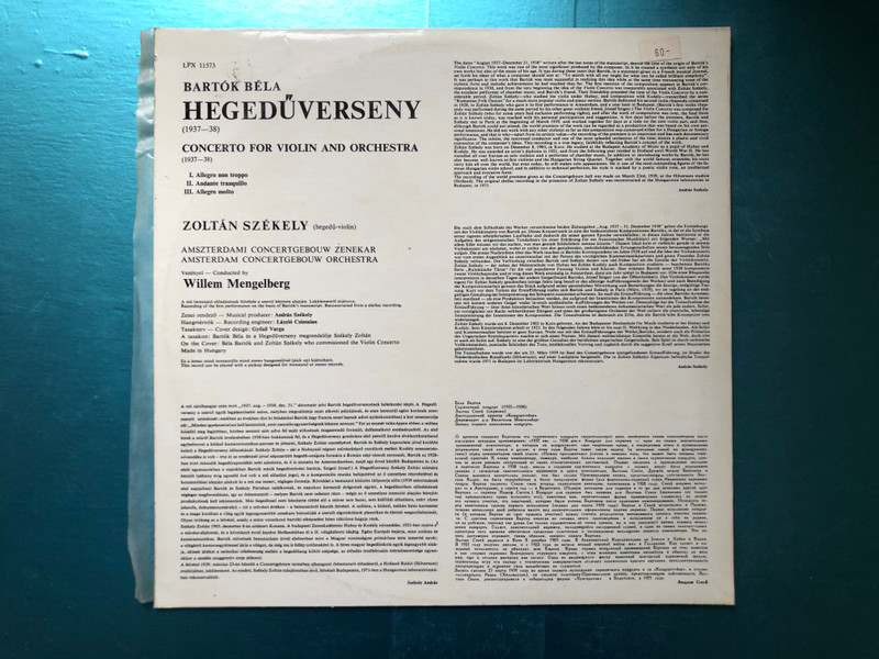 Bartók Béla - Violin Concerto (1937-38) / Zoltan Szekely - violin, Amsterdam Concertgebouw Orchestra, Conducted by Willem Mengelberg / Recording Of The First Performance / Bartók Béla Complete Edition – Supplement / Hungaroton LP / LPX 1157