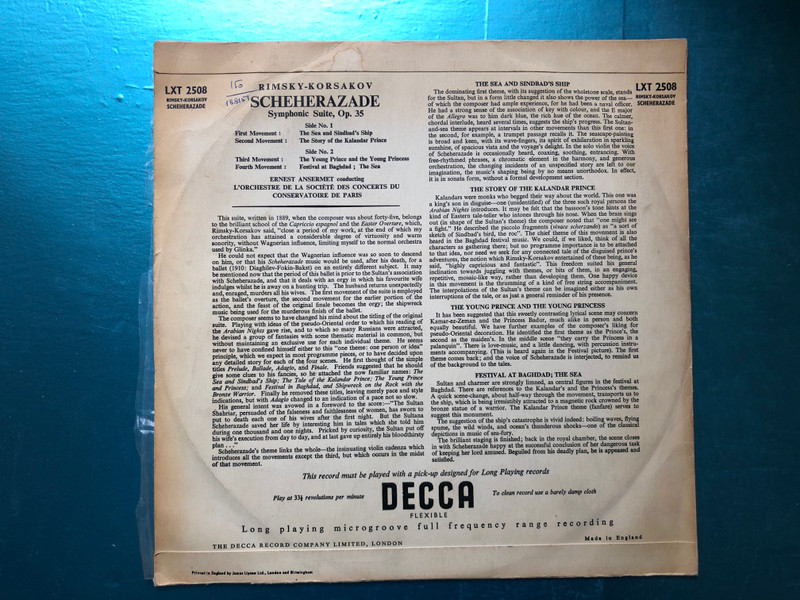 Scheherazade - Symphonic Suite, Op. 35 - Rimsky-Korsakov / Ernest Ansermet Conducting L'Orchestre De La Société Des Concerts Du Conservatoire De Paris / Long playing microgroove full frequency range recording / Decca LP / LXT 2508