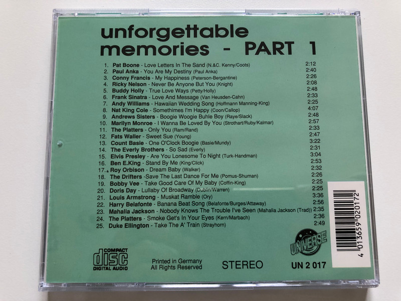 Unforgettable Memories - Part 1 / Ricky Nelson, Marilyn Monroe, Elvis Presley, Roy Orbison / Universe Audio CD Stereo / UN 2 017