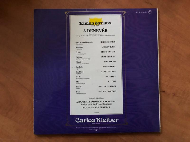 Johann Strauss - Die Fledermaus / Julia Varady, Lucia Popp, Hermann Prey, Iwan Rebroff, René Kollo, Bernd Weikl, Bayerisches Staatsorchester / Carlos Kleiber / Hungaroton 2x LP 1976 Stereo / SLPXL 31260-61