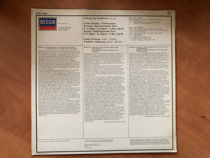 Beethoven - Violin Sonatas Kreutzer - Spring = Kreutzersonate - Frühlingssonate / Perlman, Ashkenazy / Hungaroton LP 1981 Stereo / SLPXL 31250
