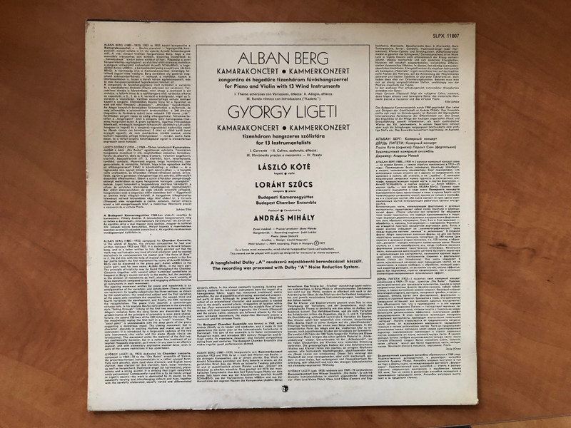Berg: Kammerkonzert, Ligeti: Kammerkonzert / Budapest Chamber Ensemble, Conducted by András Mihály / Hungaroton LP 1977 Stereo, Mono / SLPX 11807