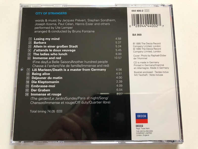 Ute Lemper – City Of Strangers / Songs by Sondheim, Prevert... / Arranged by Bruno Fontaine / Decca Audio CD 1995 Stereo / 444 400-2