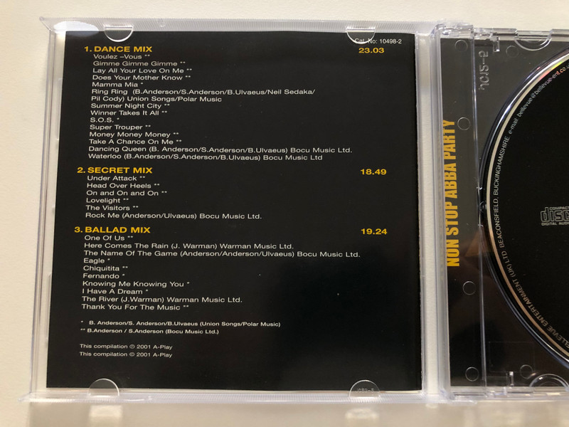 Non Stop Abba Party - ABBA Megamix / Performed by Super Troop / Featuring: Gimme Gimme Gimme, Mamma Mia, Winner Takes It All, Waterloo, Dancing Queen, Super Trouper, and many more... / A-Play Audio CD 2001 / 10498-2