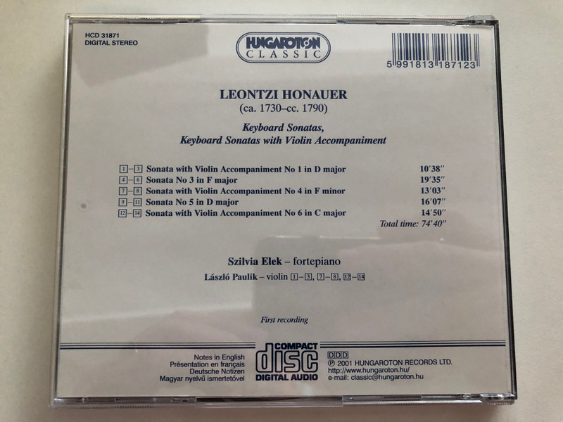 Leontzi Honauer - Keyboard Sonatas, Keyboard Sonatas With Violin Accompaniment / Szilvia Elek - fortepiano, Laszlo Paulik - violin / Hungaroton Classic Audio CD 2001 Stereo / HCD 31871