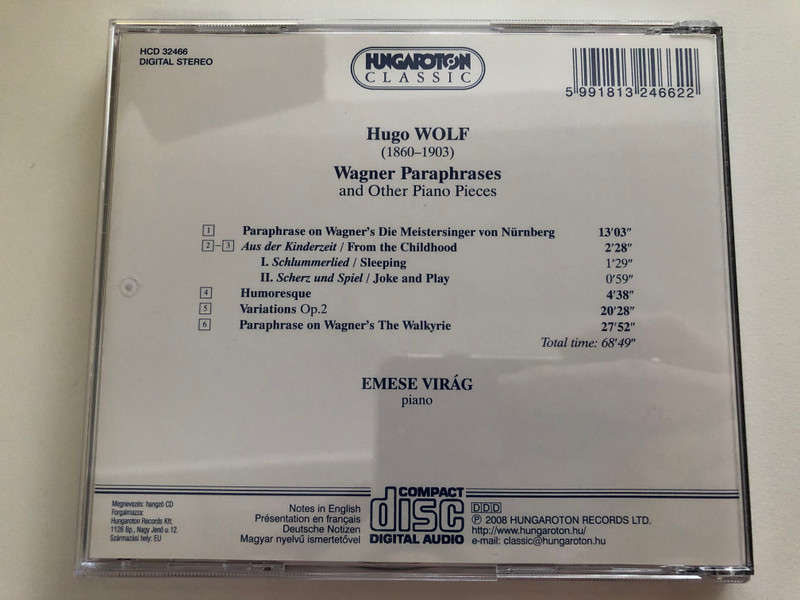 Hugo Wolf - Wagner Paraphrases and Other Piano Pieces / Emese Virag / Hungaroton Classic Audio CD 2008 Stereo / HCD 32466