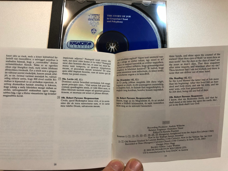 The Story of Job - in Gregorian Chant and Polyphony - Schola Hungarica / Laszlo Dobszay, Janka Szendrei / Hungaroton Classic Audio CD 2003 Stereo / HCD 32239