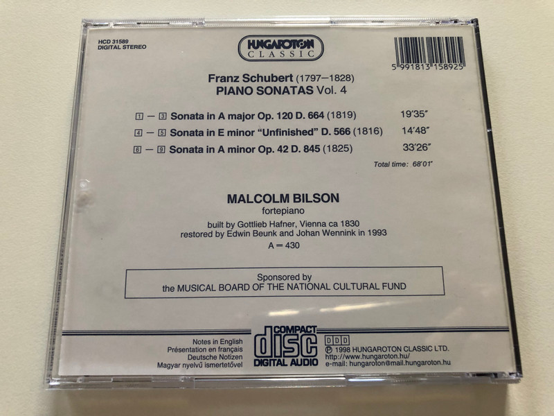 Schubert – Piano Sonatas in A Major D. 664, in E Major D. 566, in A Minor D845 / Malcolm Bilson (fortepiano) / Hungaroton Classic Audio CD 1998 Stereo / HCD 31589