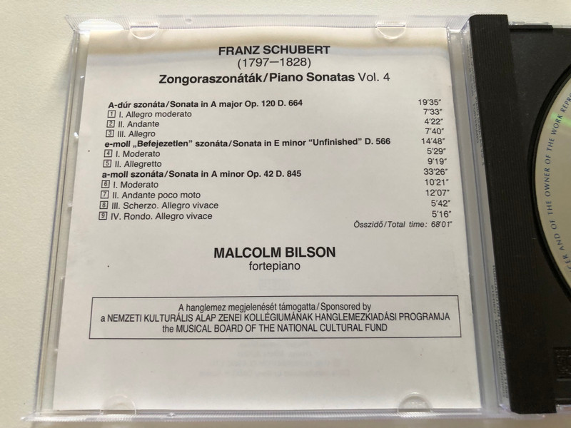 Schubert – Piano Sonatas in A Major D. 664, in E Major D. 566, in A Minor D845 / Malcolm Bilson (fortepiano) / Hungaroton Classic Audio CD 1998 Stereo / HCD 31589