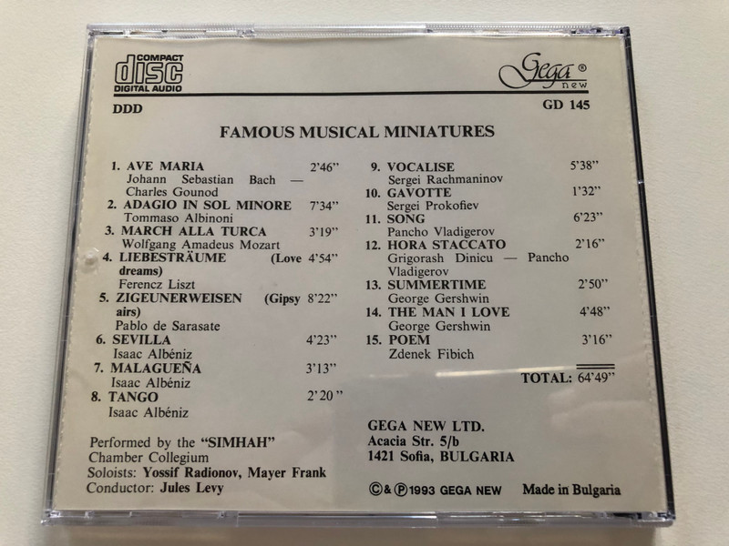 Famous musical miniatures / ''SIMHAH'' Chamber Collegium, Conductor: Jules Levy / Gega New Audio CD 1993 / GD 145
