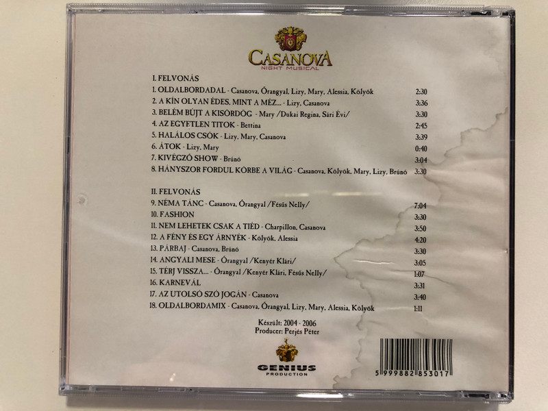 Perjés Péter, Szurdi Tamás, Moldován Ákos, Pejtsik Péter – Casanova Night Musical / GENIUS PRODUCTION Audio CD 2006 / CNM2006 