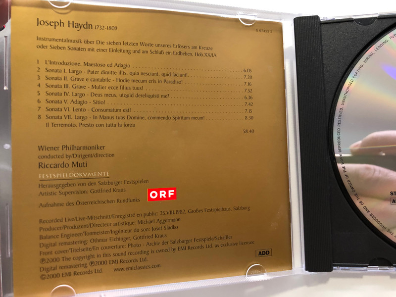 Haydn - Die Sieben Letzten Worte Unseres Erlösers Am Kreuze / Wiener Philharmoniker, Riccardo Muti / Festspieldokumente / EMI Classics Audio CD 2000 Stereo / 724356742321