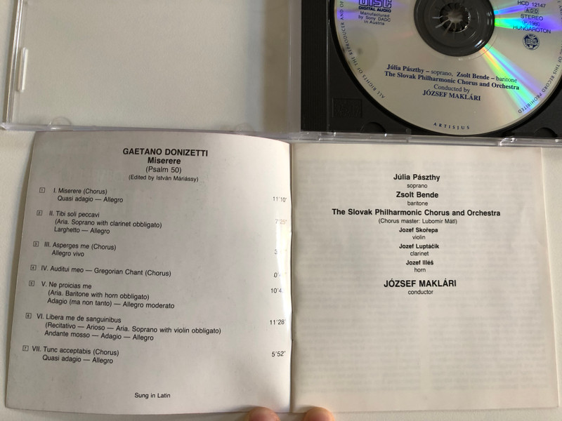 Donizetti - Miserere / Júlia Pászthy, Zsolt Bende, The Slovak Philharmonic Chorus and Orchestra, Conducted by József Maklári / Hungaroton Audio CD 1980 Stereo / HCD 12147