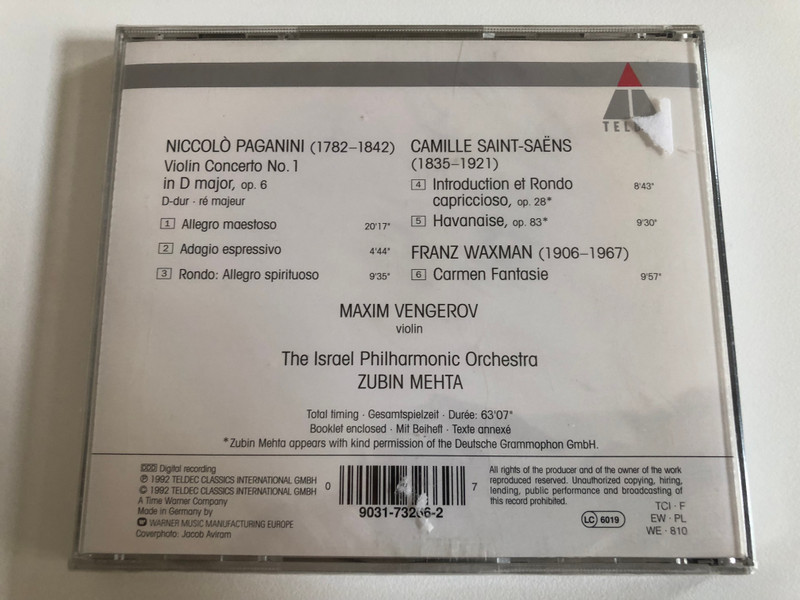 Paganini: Violin Concerto No. 1, Waxman: Carmen Fantasie, Saint-Saens: Havanaise, Introduction & Rondo Capriccioso / Maxim Vengerov, Israel Philharmonic Orchestra, Zubin Mehta / TELDEC Audio CD 1992 / 090317326627