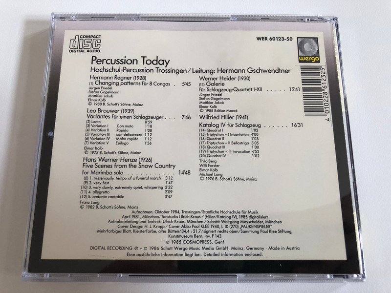 Percussion Today - Brouwer, Heider, Henze, Hiller, Regner / Hochschul-Percussion Trossingen, Leitung: Hermann Gschwendtner / WERGO Audio CD 1986 Stereo / WER 60123-50