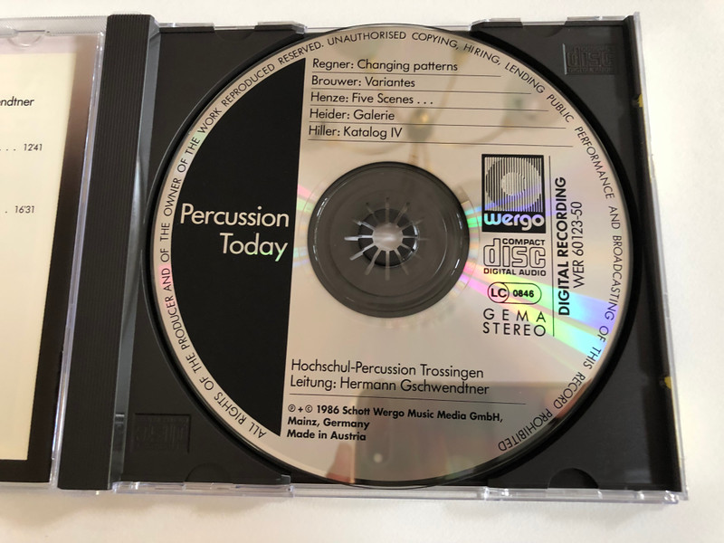 Percussion Today - Brouwer, Heider, Henze, Hiller, Regner / Hochschul-Percussion Trossingen, Leitung: Hermann Gschwendtner / WERGO Audio CD 1986 Stereo / WER 60123-50
