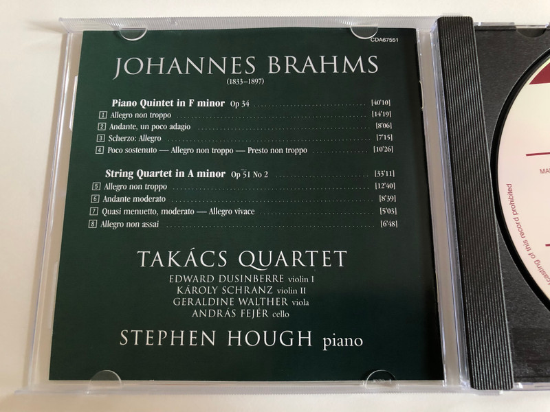 Brahms - String Quartet Op. 51 No. 2, Piano Quintet Op. 34 / Takács Quartet, Stephen Hough / Hyperion Audio CD 2007 / CDA67551