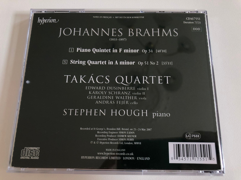 Brahms - String Quartet Op. 51 No. 2, Piano Quintet Op. 34 / Takács Quartet, Stephen Hough / Hyperion Audio CD 2007 / CDA67551