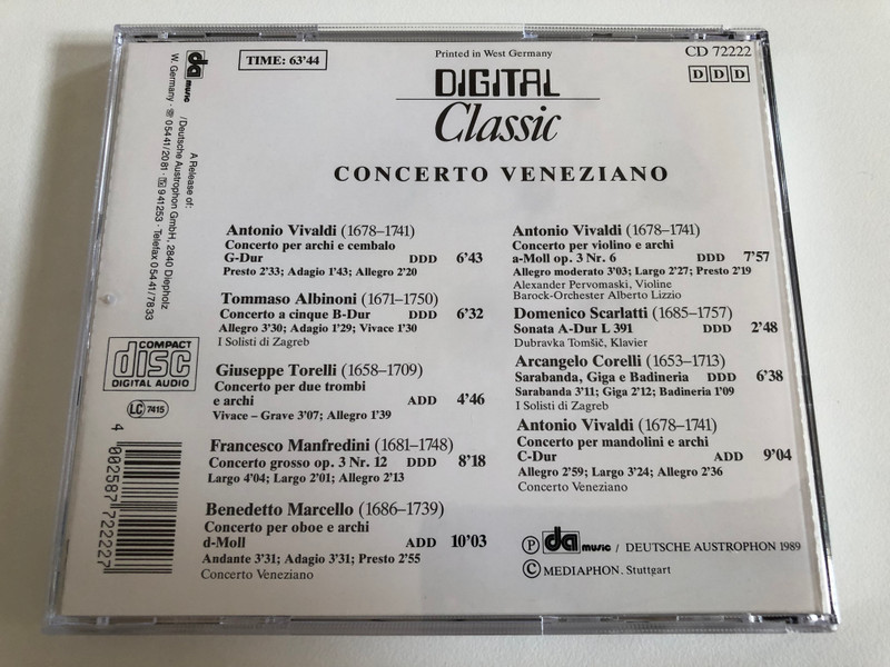 Concerto Veneziano - Vivaldi, Albinoni, Torelli, Manfredini, Marcello, Scarlatti, Corelli / Vivaldi: Concerto per archi e cembalo G-Dur u.a., Albinoni: Concerto a cinque B-Dur, Torelli: Concerto per due trombi e archi / Digital Clasic Audio CD Stereo / CD 72222