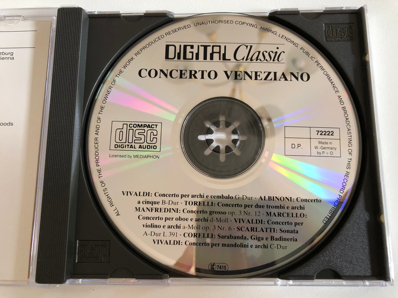 Concerto Veneziano - Vivaldi, Albinoni, Torelli, Manfredini, Marcello, Scarlatti, Corelli / Vivaldi: Concerto per archi e cembalo G-Dur u.a., Albinoni: Concerto a cinque B-Dur, Torelli: Concerto per due trombi e archi / Digital Clasic Audio CD Stereo / CD 72222