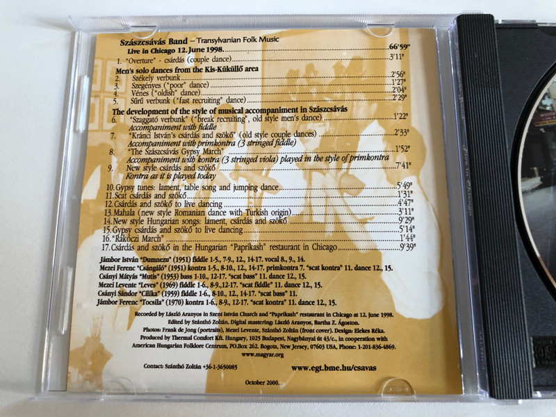 Szászcsávás Band – Live In Chicago / The American Hungarian Folklore Centrum Audio CD 2000 / 4ALTHC3