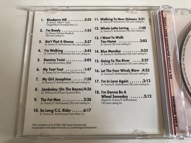 Fats Domino – In Concert (Greatest Hits Live) / Includes: Blueberry Hill, I'm Ready, Ain't That A Shame, I'm Walking / A Play Collection Audio CD 1996 / 10039-2