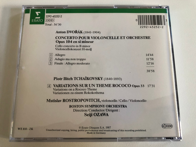 Dvořák: Concerto Pour Violoncelle, Tchaikovsky: Variations Rococo / Mstislav Rostropovich, Boston Symphony Orchestra, Seiji Ozawa / Erato Audio CD 1987 / 2292-45252-2