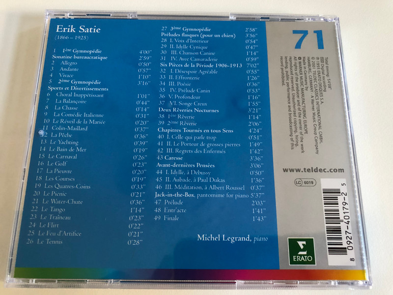 Satie - Piano Works / Gymnopédies, Sonatine Bureaucratique, Sports Et Divertissements / Michel Legrand / Basic Edition – 71 / Erato Audio CD 2001 / 0927-40179-2