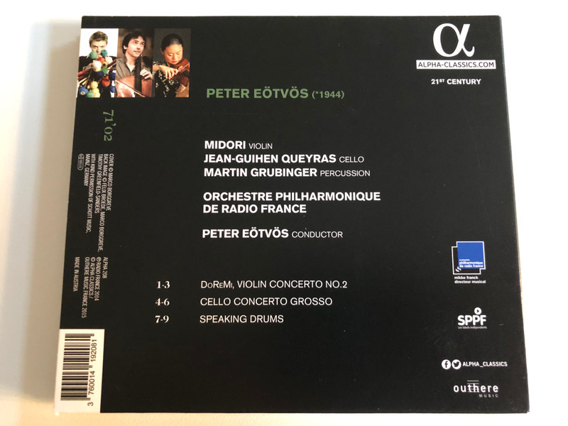 Peter Eötvös - DoReMi, Cello Concerto Grosso, Speaking Drums / Midori, Jean-Guihen Queyras, Martin Grubinger / Orchestre Philharmonique De Radio France / Alpha Classics Audio CD 2016 / Alpha 208