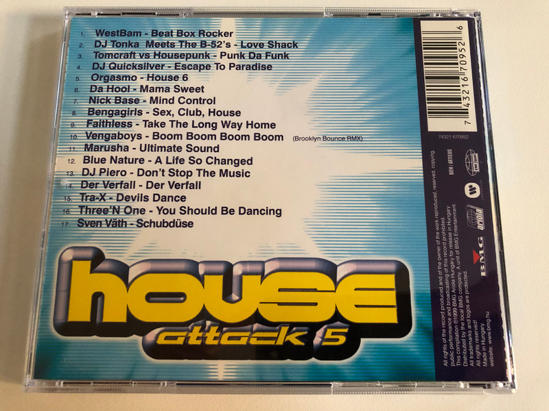 House Attack 5 / Tomcraft vs Housepunk, DJ Quicksilver, Sven Väth, WestBam, Faithless, Da Hool, DJ Tonka meets The B-52's, Three 'N One, Vengaboys, Orgasmo, Marusha, DJ Piero / BMG Ariola Hungary Audio CD 1999 / 74321 670952