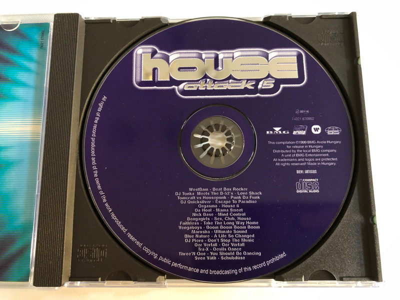House Attack 5 / Tomcraft vs Housepunk, DJ Quicksilver, Sven Väth, WestBam, Faithless, Da Hool, DJ Tonka meets The B-52's, Three 'N One, Vengaboys, Orgasmo, Marusha, DJ Piero / BMG Ariola Hungary Audio CD 1999 / 74321 670952