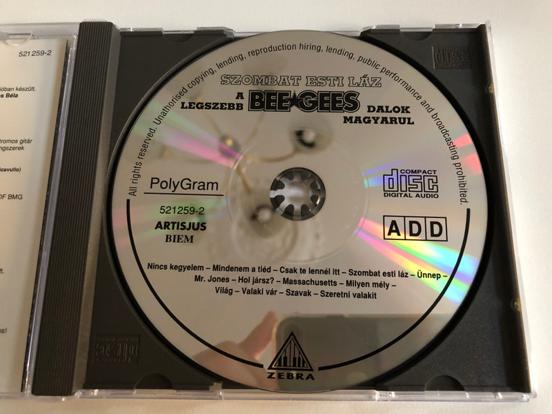 A Legszebb Bee Gees Dalok Magyarul - Szombat Esti Láz - Gipp's Egylet / Zebra Audio CD 1993 / 521259-2
