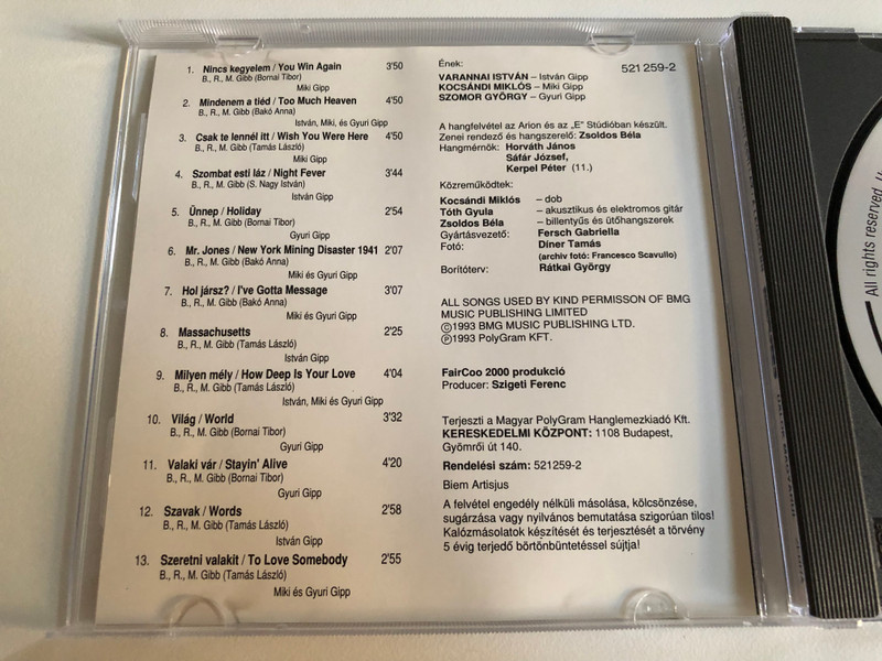 A Legszebb Bee Gees Dalok Magyarul - Szombat Esti Láz - Gipp's Egylet / Zebra Audio CD 1993 / 521259-2