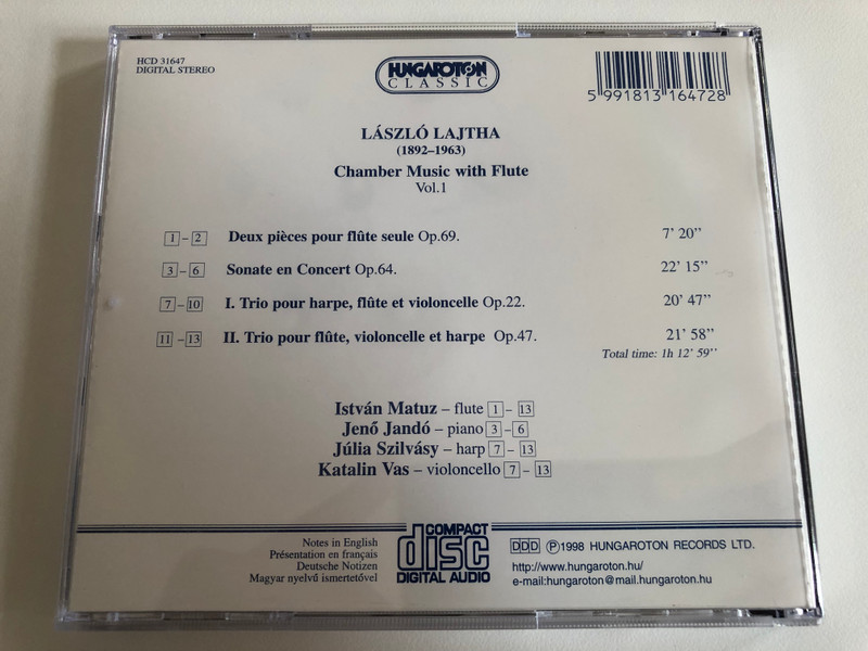 Lajtha - Chamber Music With Flute Vol. 1 / Istvan Matuz - flute, Jeno Jando - piano, Julia Szuvasy - harp, Katalin Vas - violoncello / Hungaroton Classic Audio CD 1998 Stereo / HCD 31647