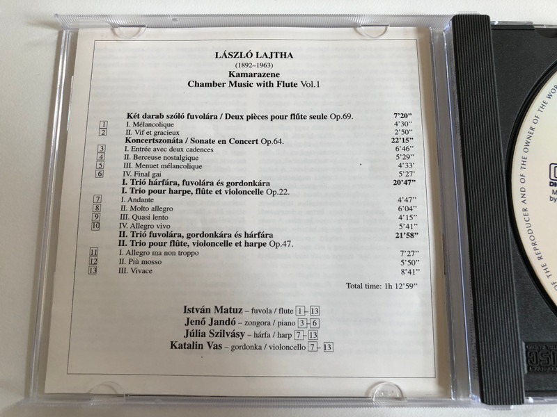 Lajtha - Chamber Music With Flute Vol. 1 / Istvan Matuz - flute, Jeno Jando - piano, Julia Szuvasy - harp, Katalin Vas - violoncello / Hungaroton Classic Audio CD 1998 Stereo / HCD 31647