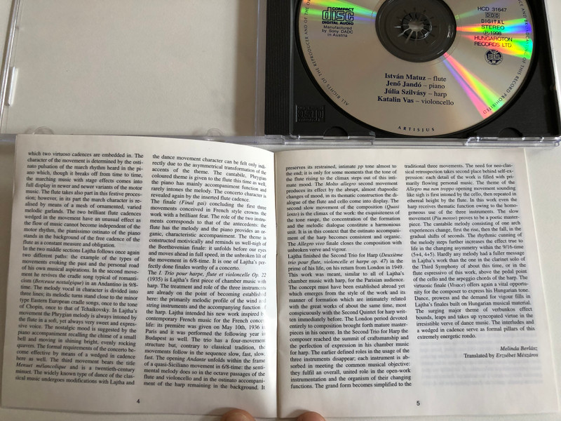 Lajtha - Chamber Music With Flute Vol. 1 / Istvan Matuz - flute, Jeno Jando - piano, Julia Szuvasy - harp, Katalin Vas - violoncello / Hungaroton Classic Audio CD 1998 Stereo / HCD 31647