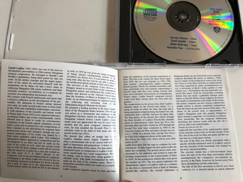 Lajtha - Chamber Music With Flute Vol. 1 / Istvan Matuz - flute, Jeno Jando - piano, Julia Szuvasy - harp, Katalin Vas - violoncello / Hungaroton Classic Audio CD 1998 Stereo / HCD 31647